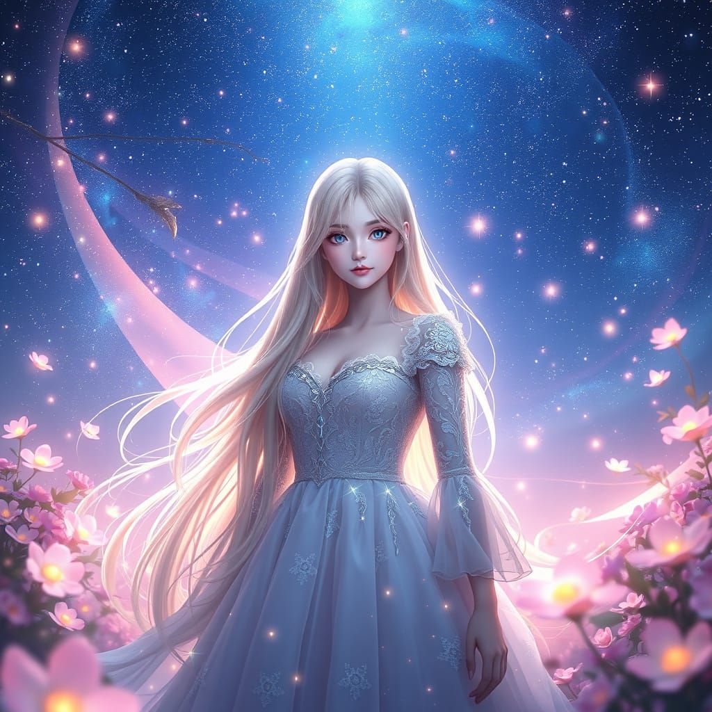 Celestial Woman in Glowing Cosmic Garden, Anime Style
