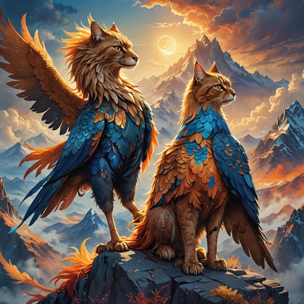 Mystical Mountain: Cat and Phoenix in Fantasy Art
