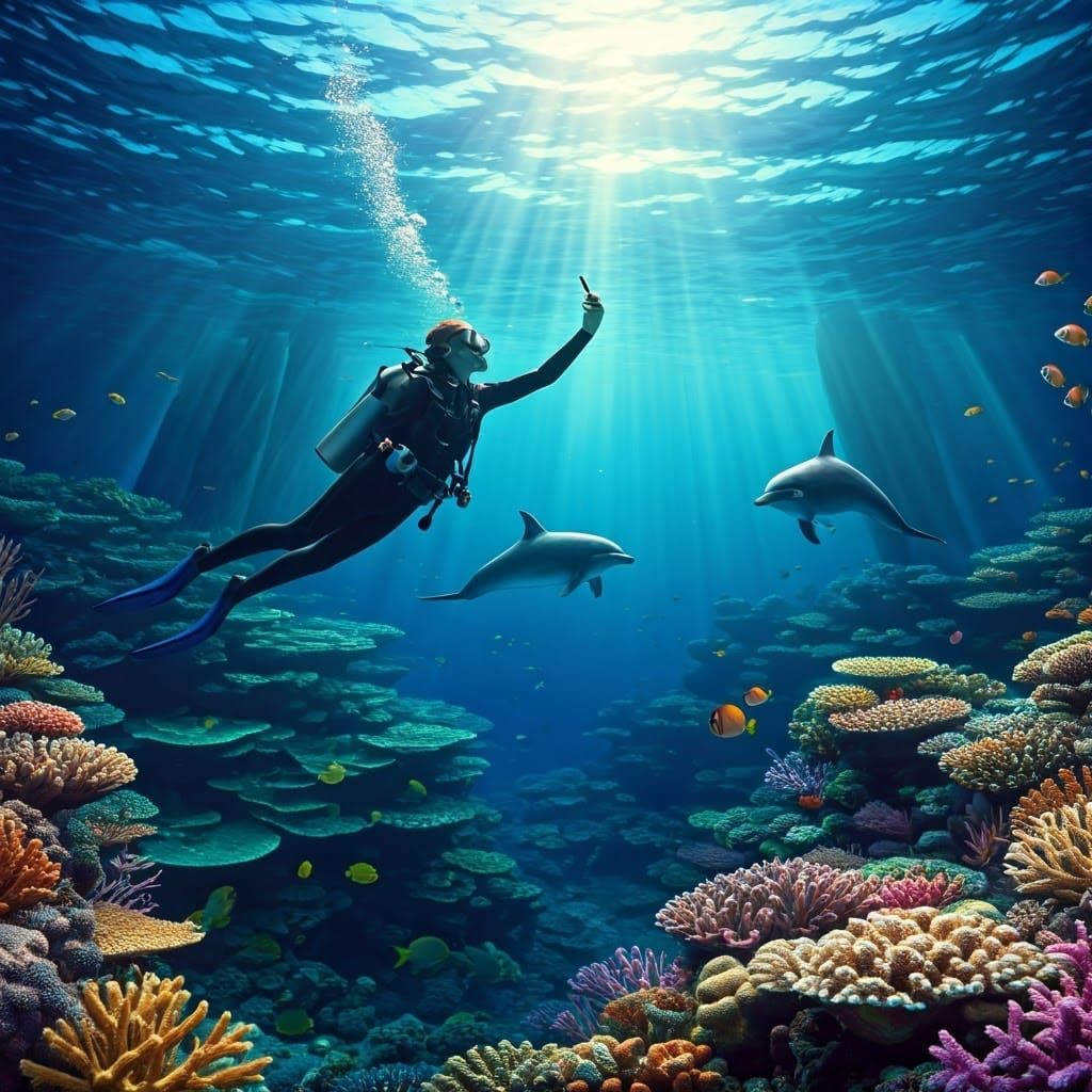 Serene Underwater Moment with Dolphins and Vibrant Fish