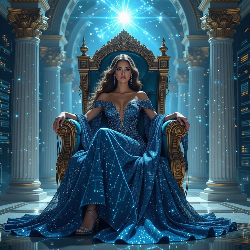 Digital Goddess on Binary Throne in Syd Mead Style