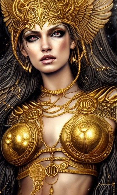 Golden Valkyrie Goddess Portrait in Gouache Style