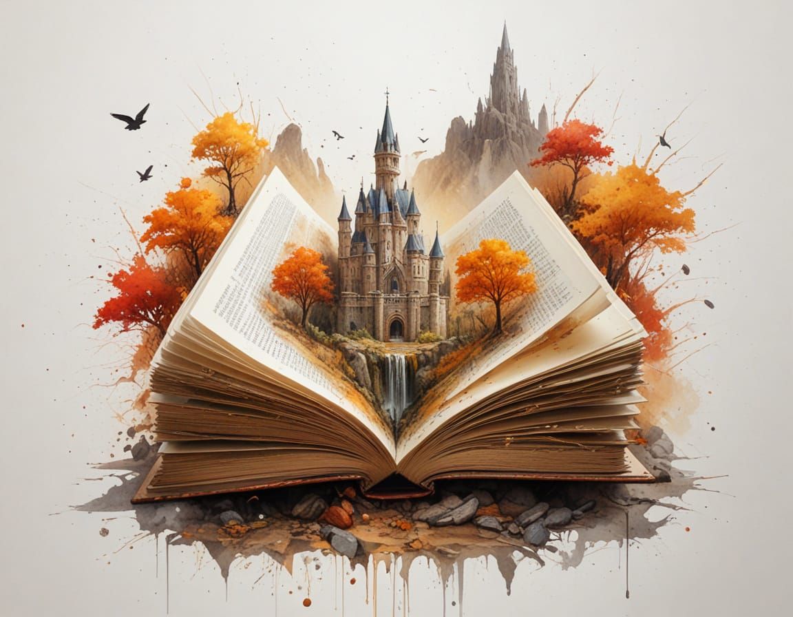 Fantasy Landscape Emerges From Open Book in Autumn Forest