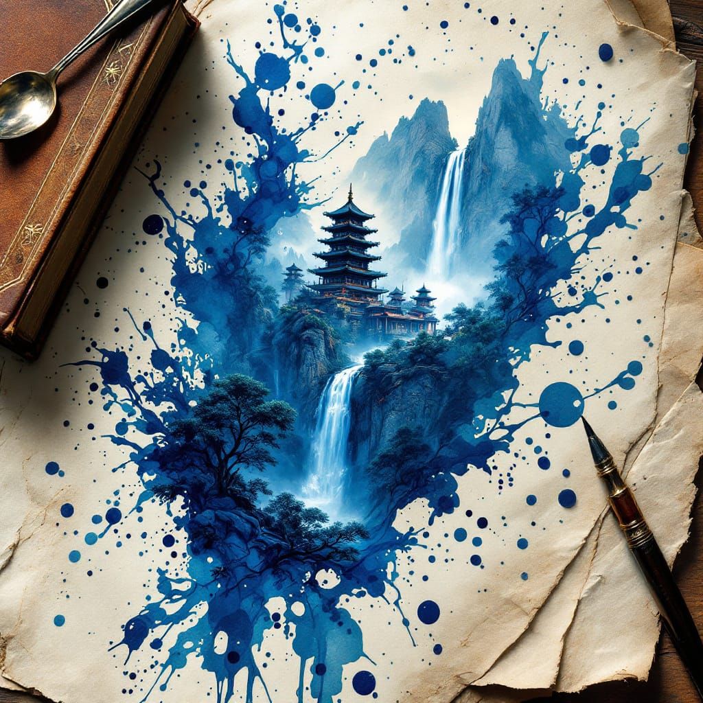 Ink Shard Temple: Hyperrealistic Digital Watercolor
