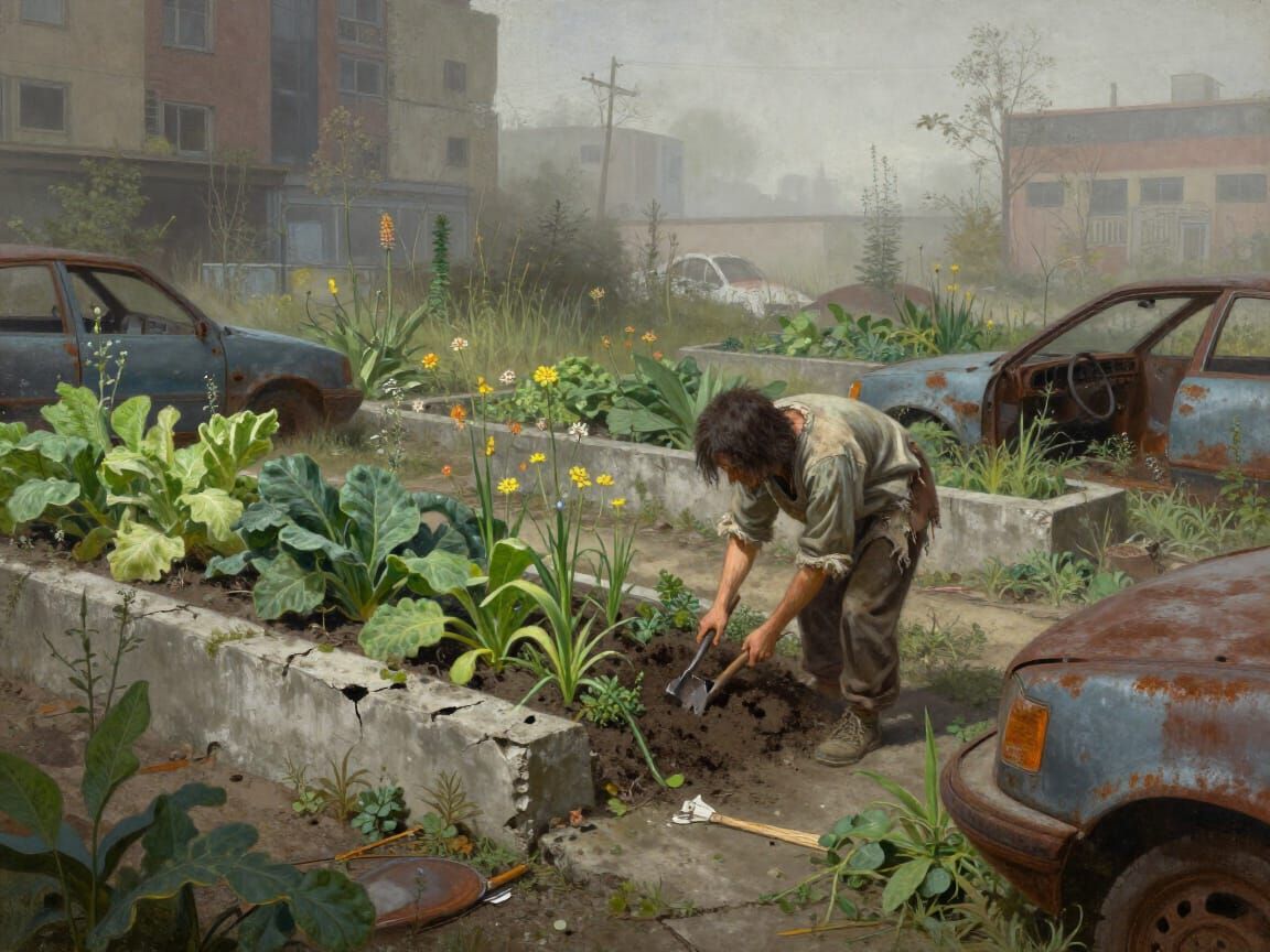 Resilient Urban Garden in Dystopian Concept Art Style