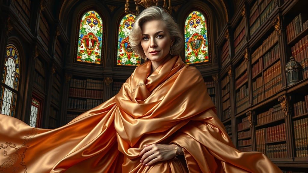 A mature, beautiful woman with a cascade of shimmering satin...