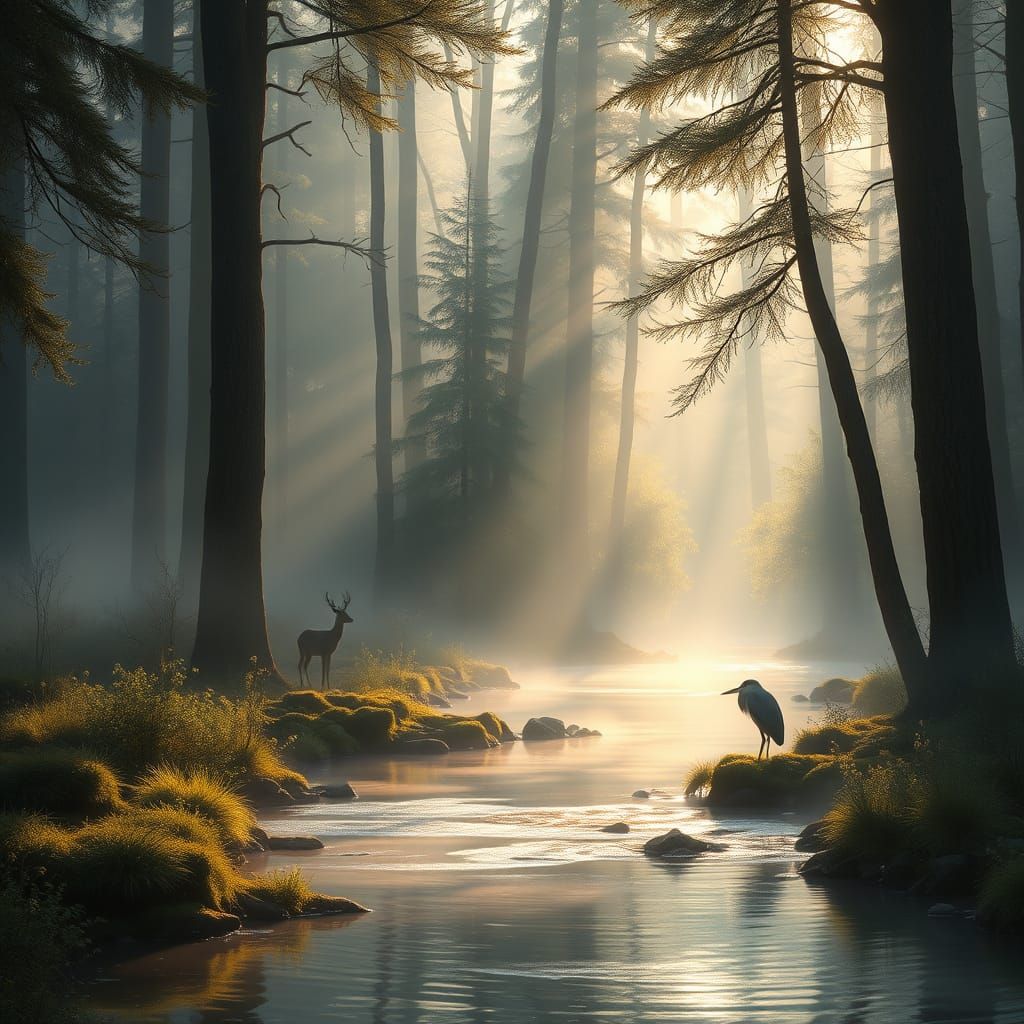 Misty Forest Dawn: Deer and Heron in Hyperrealism