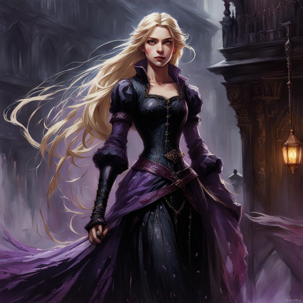 Dark Rapunzel in Rainy Scene, Detailed Digital Art