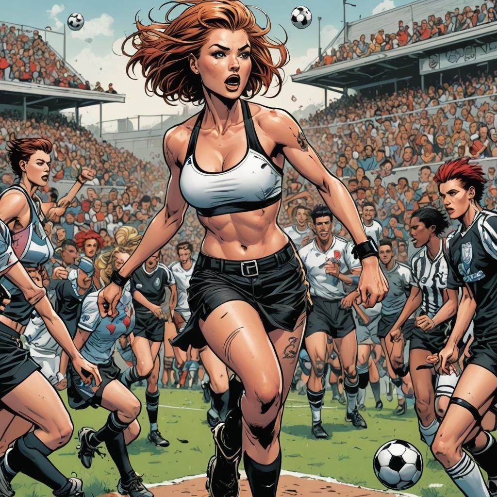 Punk Woman at Soccer Match in Comic Art Style