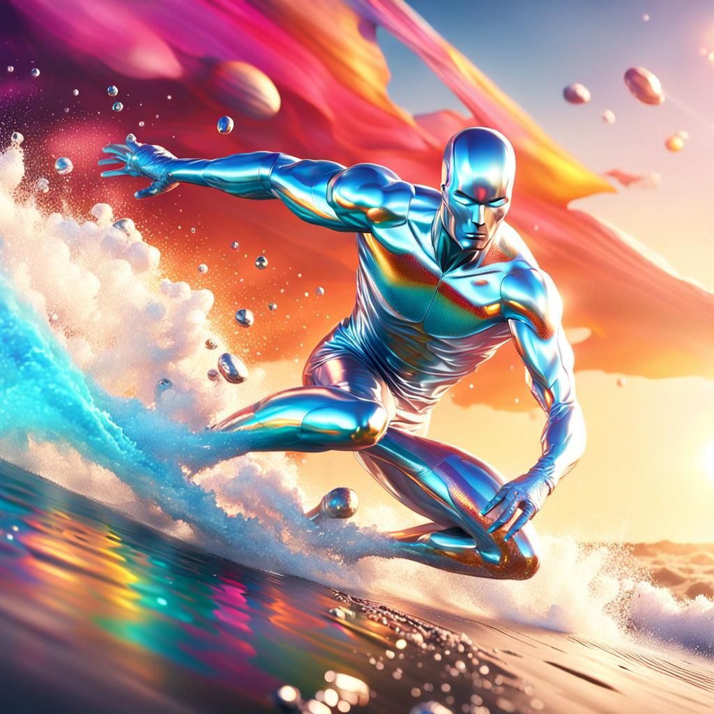 Silver Surfer Runs on Colorful Beach: Digital Art