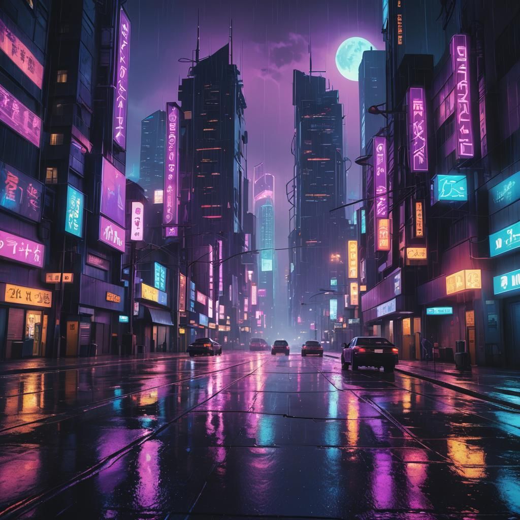 Neon Cyberpunk Cityscape with Blue Moon