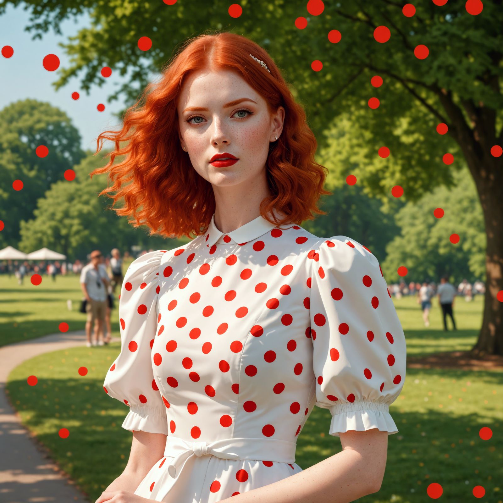 Redhead in Polka Dots Summer Park Scene
