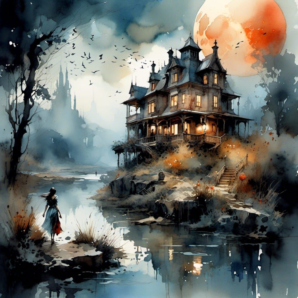 Dark Fantasy River Landscape in Watercolor Style