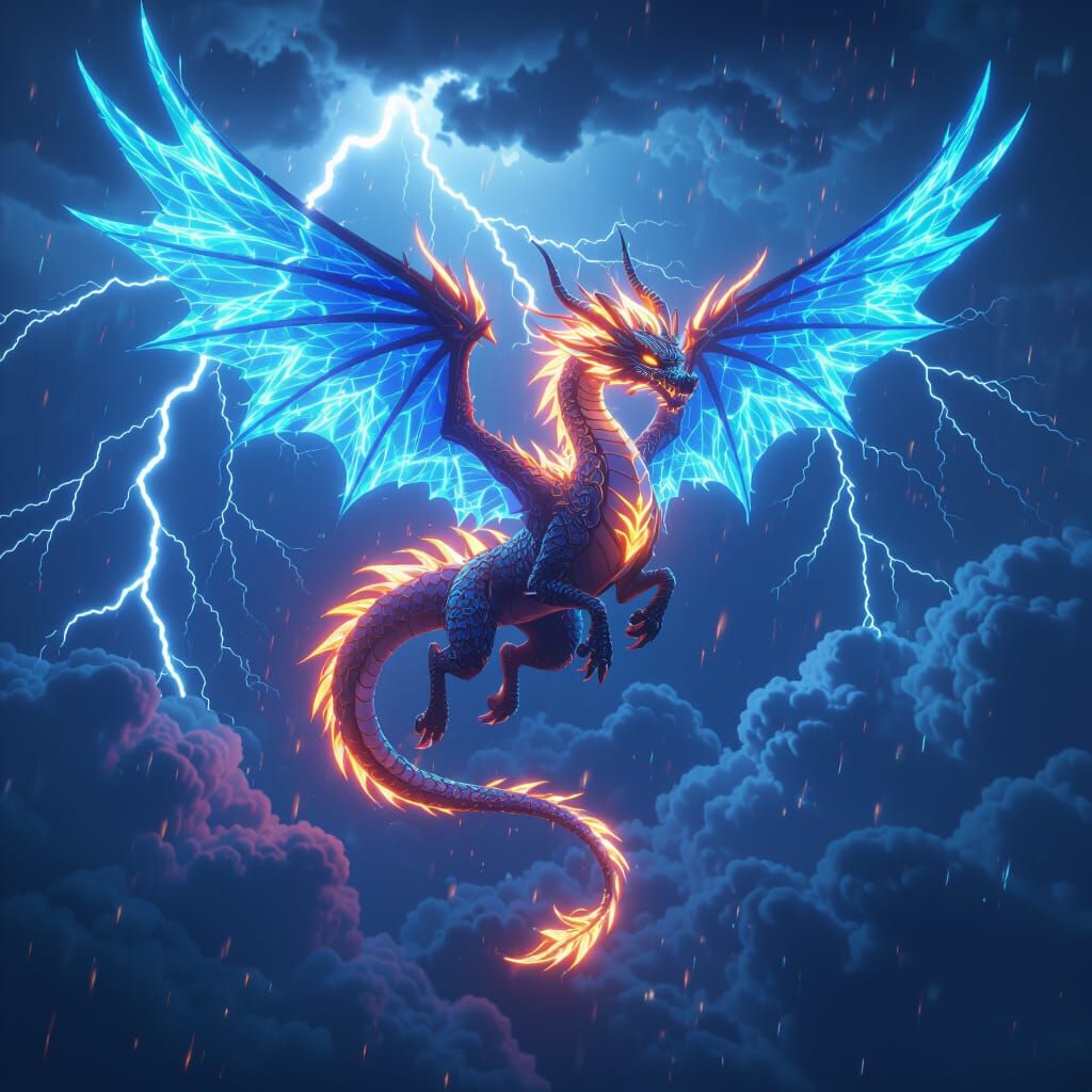 Neon Flame Dragon Soaring Through Thunderstorm in 3D Anime
