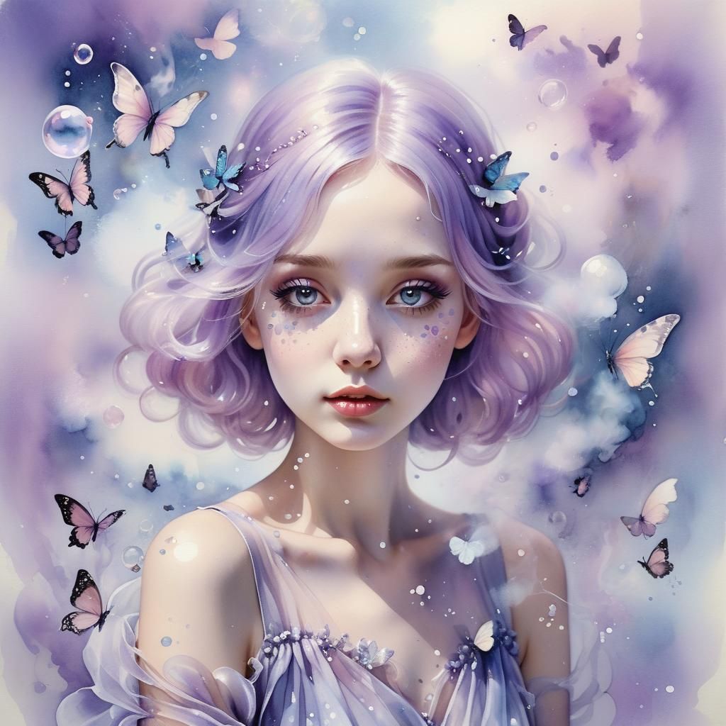 Ethereal Girl with Purple Hair in Watercolor