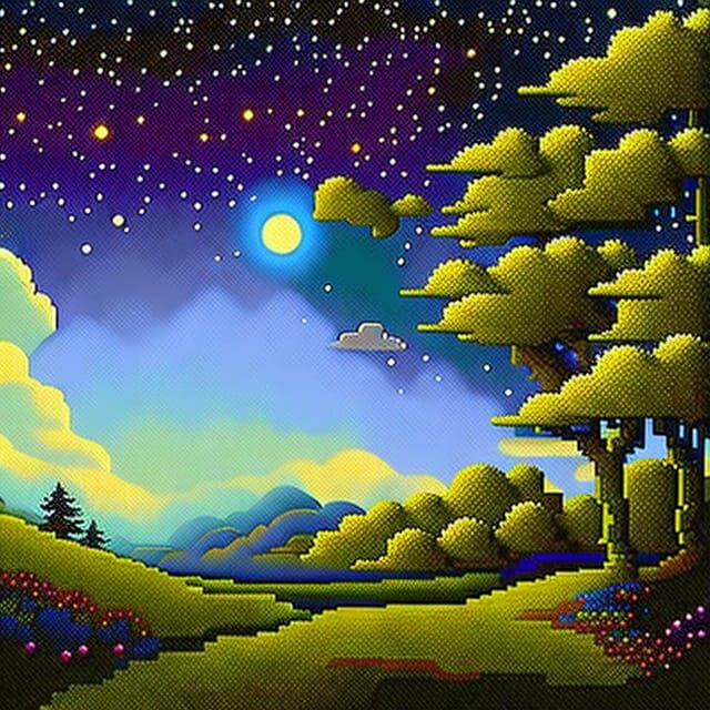 Fantasy Pixel Art Landscape at Night