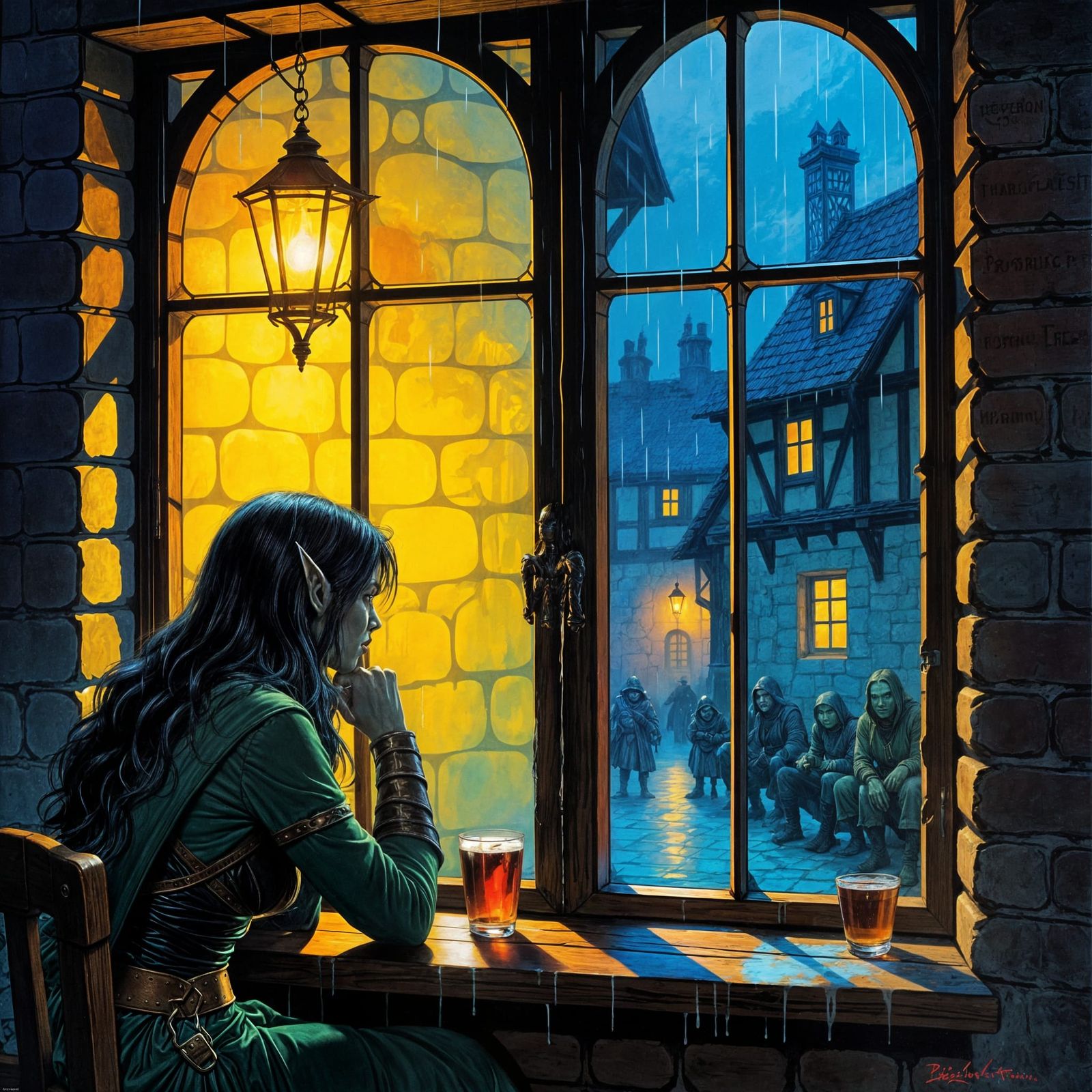 Dark Elf Rogue in Rainy Tavern, Vintage Fantasy Art