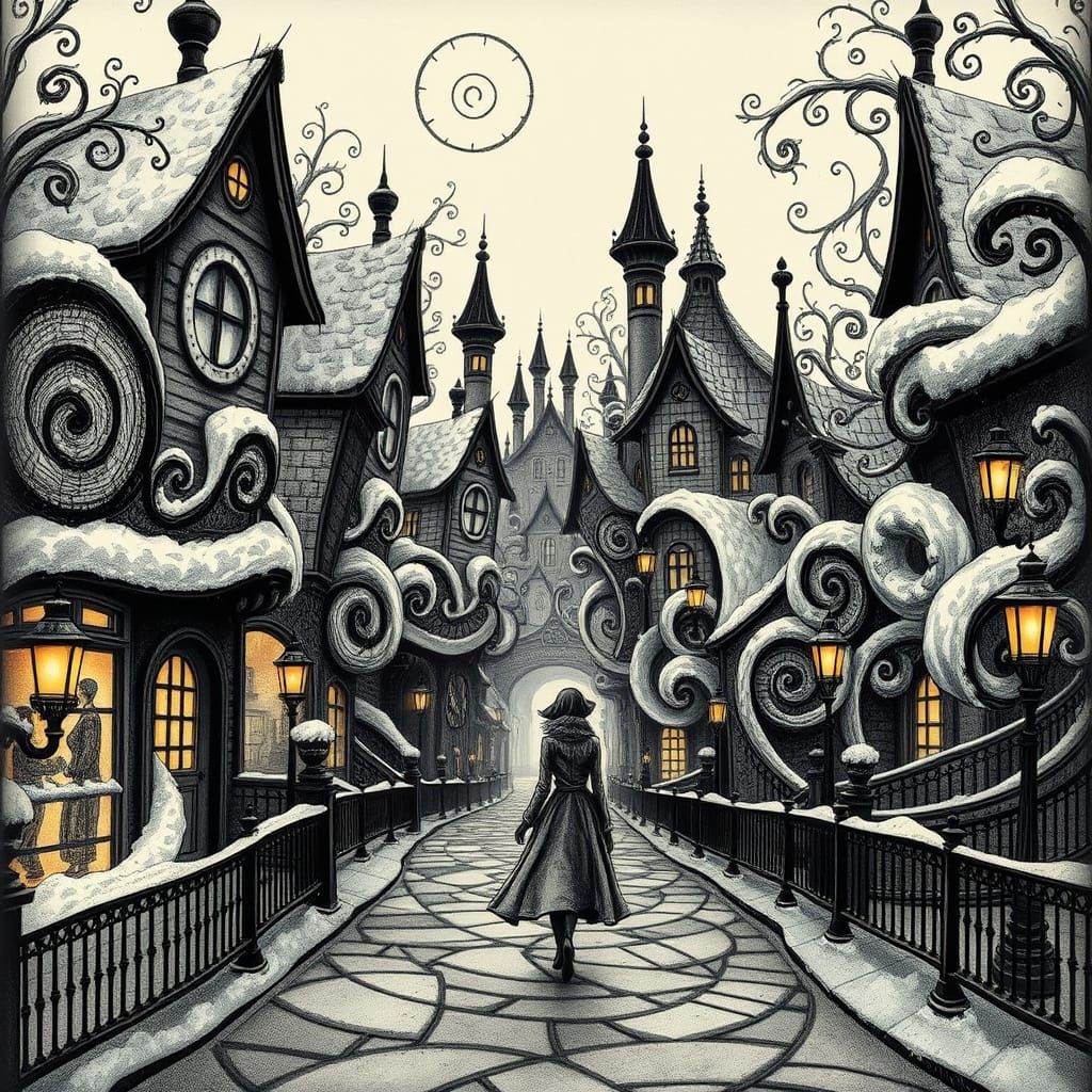Whimsical Winter Cityscape in Gothic Art Nouveau Style