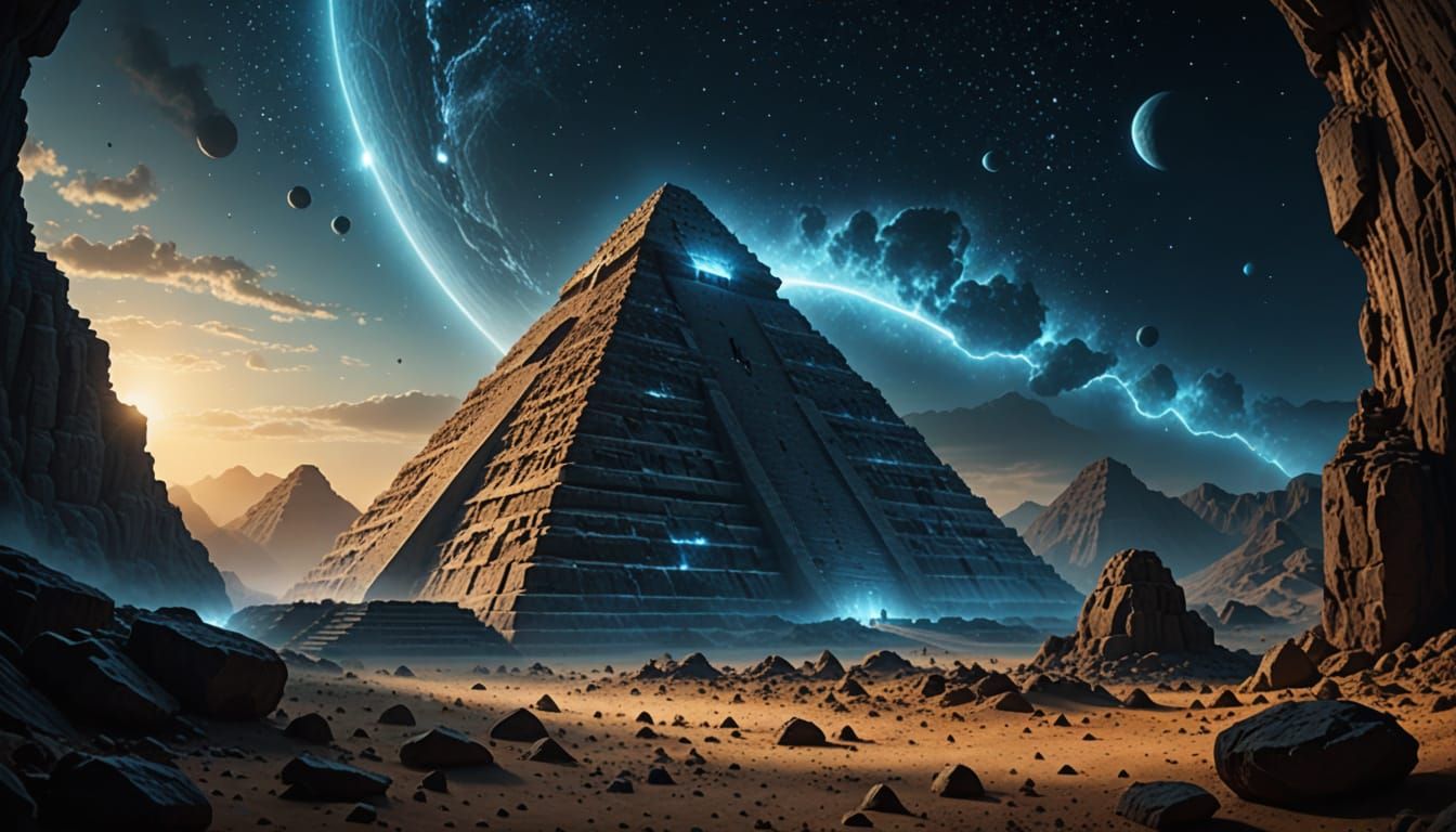 Time Traveler at Keops Pyramid in Retrofuturism Style