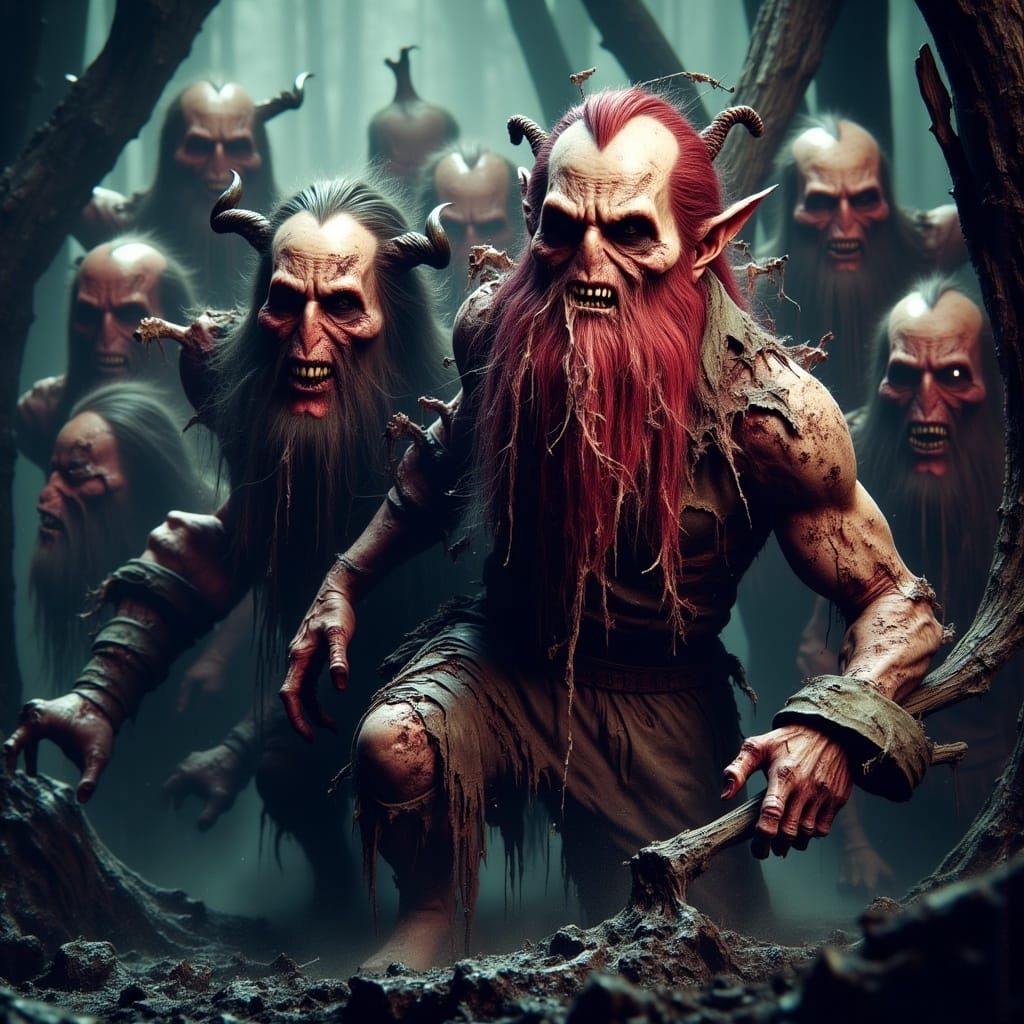 Surreal Fantasy Concept Art of Seven Dwarves as Zombies