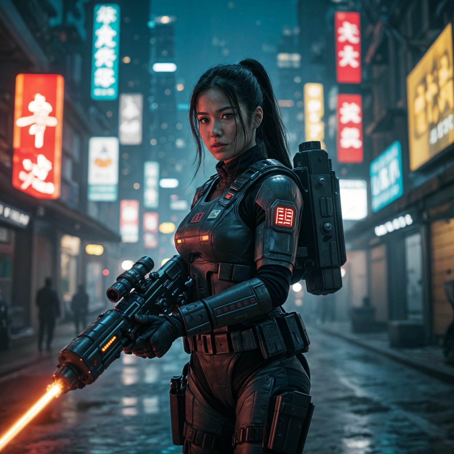 Futuristic Asian Soldier With Jetpack and Laser Gun