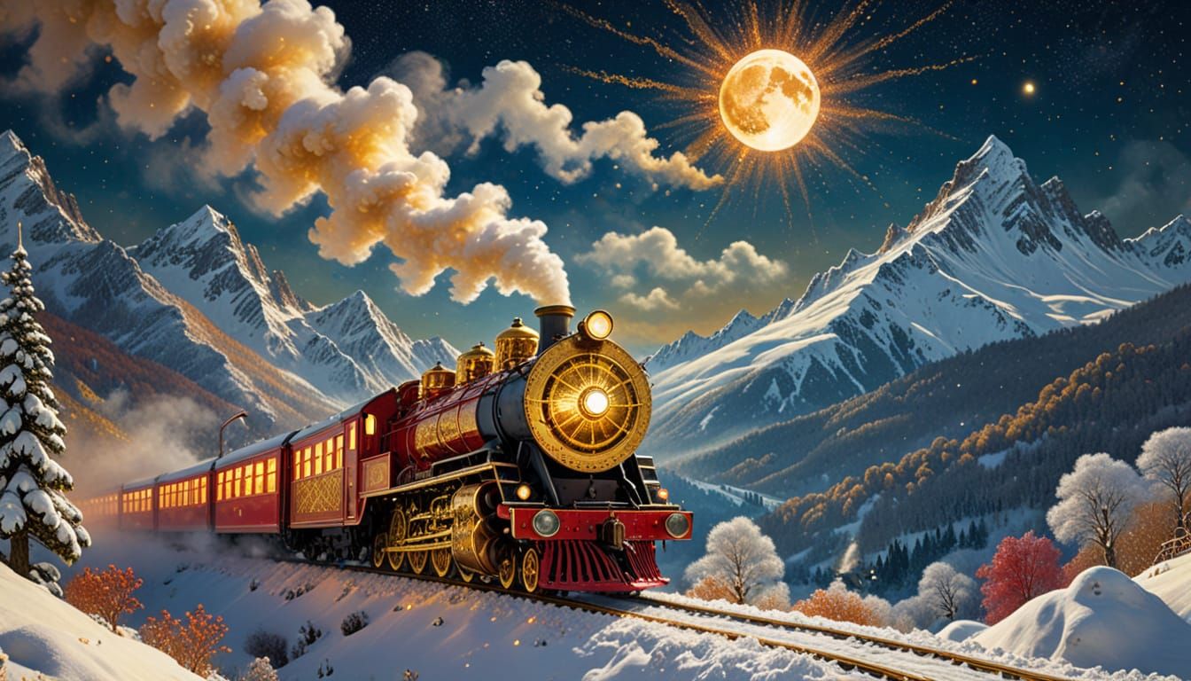 Steampunk Polar Express Under Snowy Monet Mountains