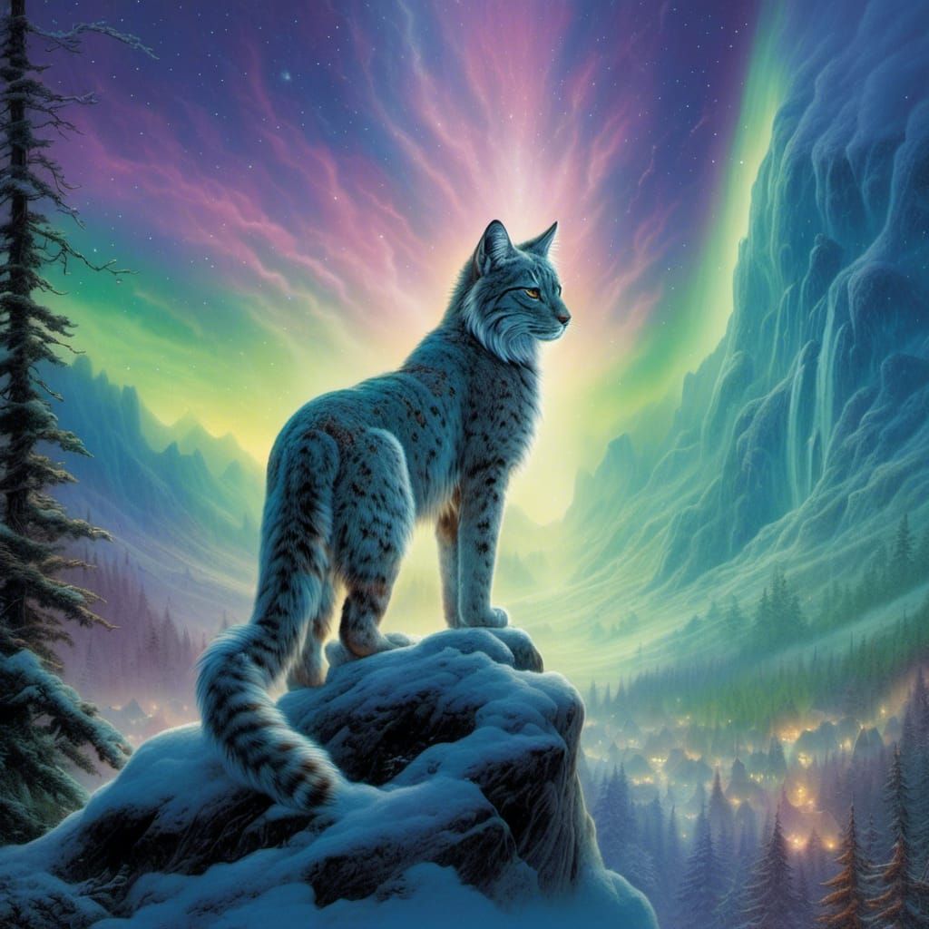 Lynxes Watching Northern Lights: Ethereal Fantasy Scene