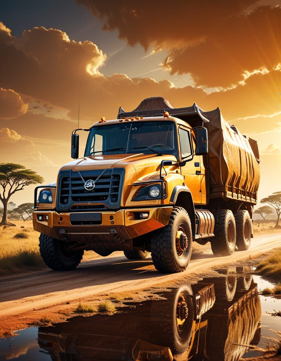 Trucks Above Rhinoceros in Sunny Savannah