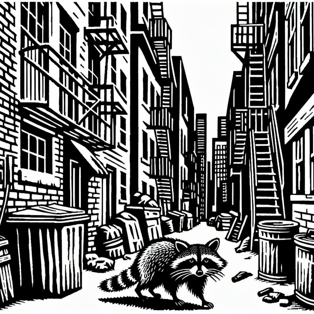 Woodcut Raccoon in a Bustling Alley