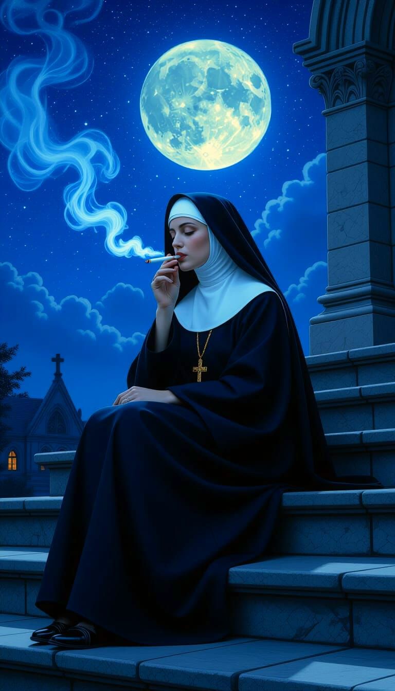Nun Smoking at Night: Hyperdetailed Horror Scene