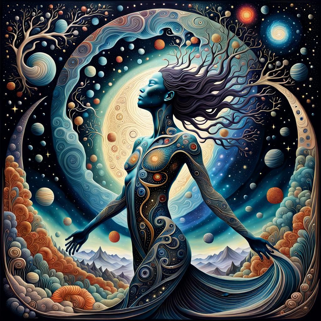 Cosmic Rebirth: Human Figure in Surreal Space