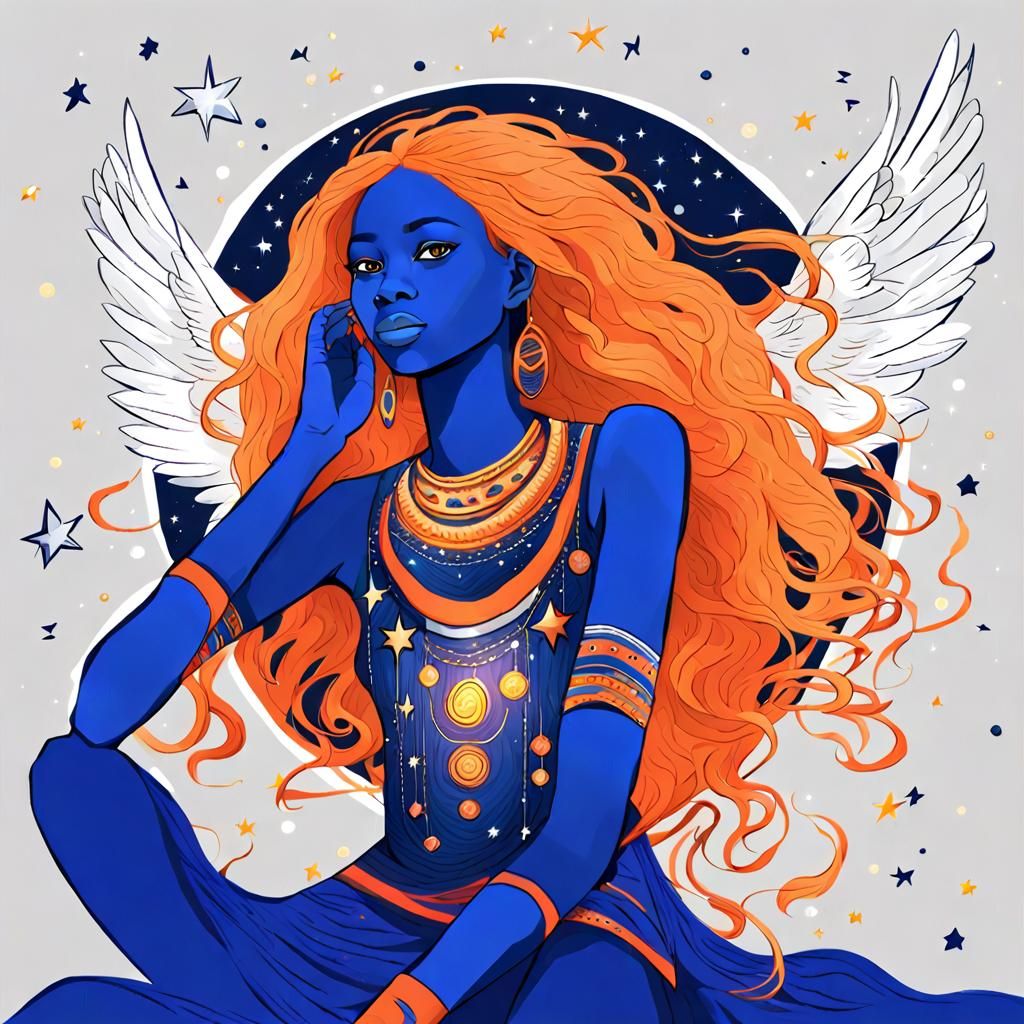 Ethereal African Angel in Blue, Orange and White