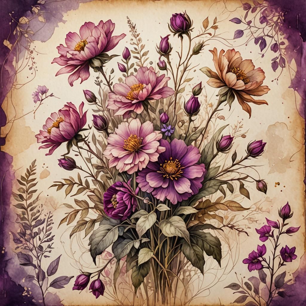 Botanical Mixed Media Illustration with Pink and Purple Flow...