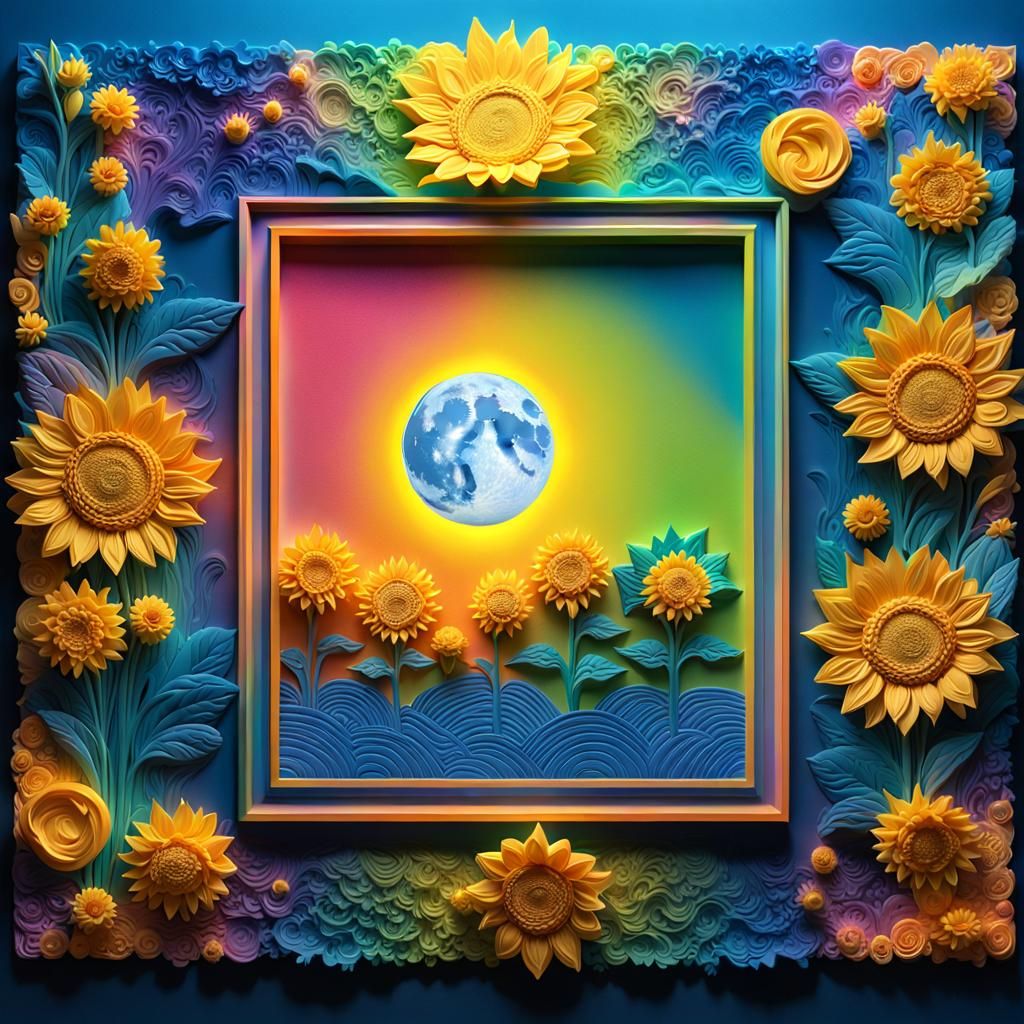 3d abstract shape framing with minimalist boho art lovely glowing sunflowers field blue night full moon monet style bril...