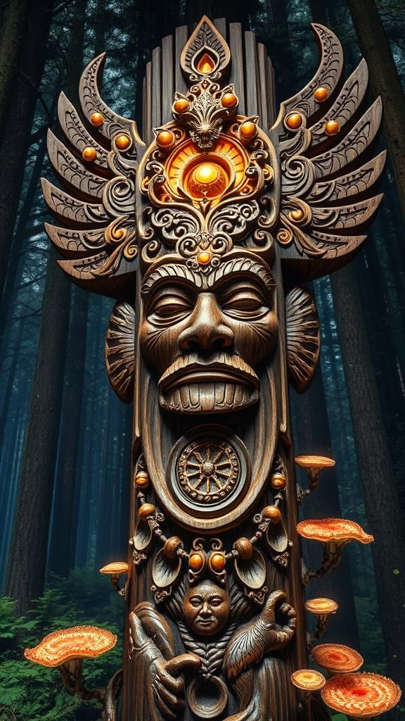 Hand-Carved Totem in Mycelium Network