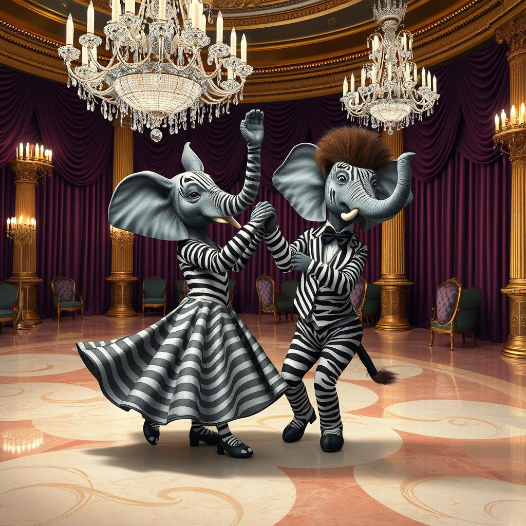 Elephant-Zebra Hybrids Dance in Opulent Ballroom