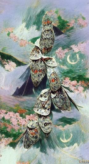 Victorian Moths with Spooky Skulls in Impressionist Style