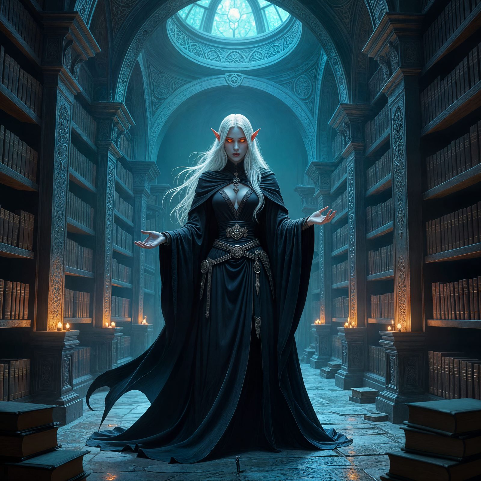 Drow Sorceress in Subterranean Library
