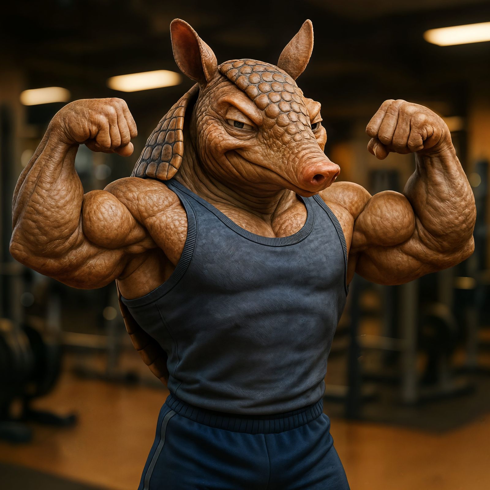 Confident Armadillo Flexing in Gym: CGI Caricature