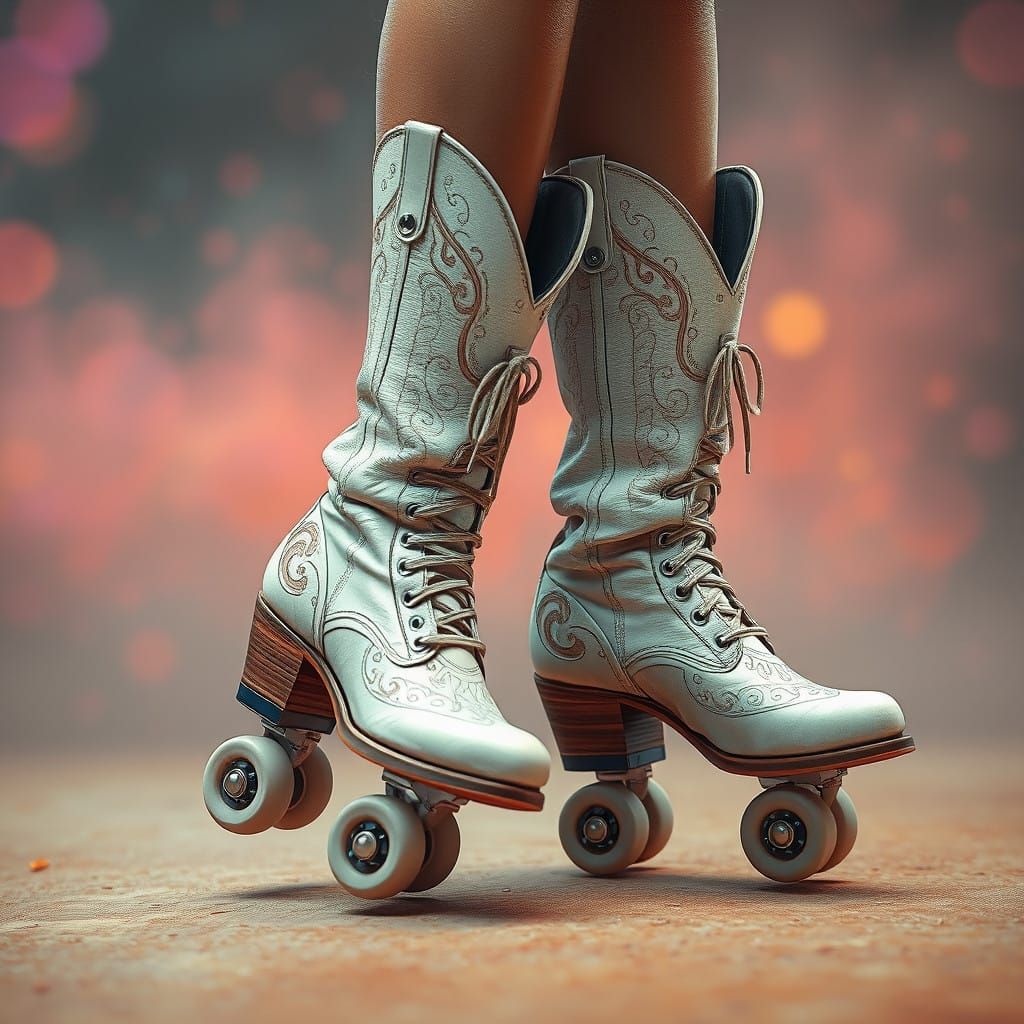 Woman's Feet in Neon Cowboy Roller Skates Set in a Vivid Fan...