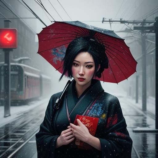 Girl with Umbrella in Sapporo, Graffiti Art