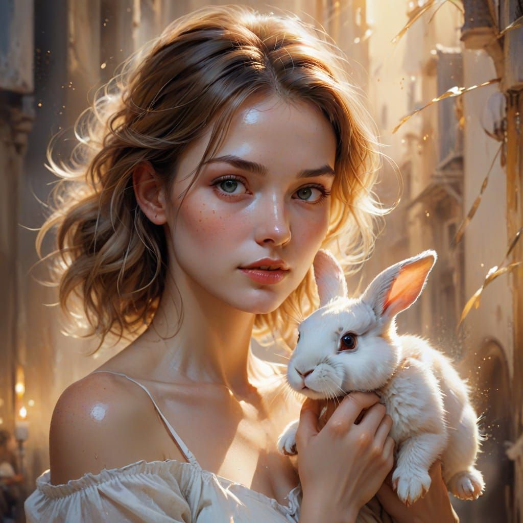 Manga Style Woman With Rabbit in Ethereal Watercolour