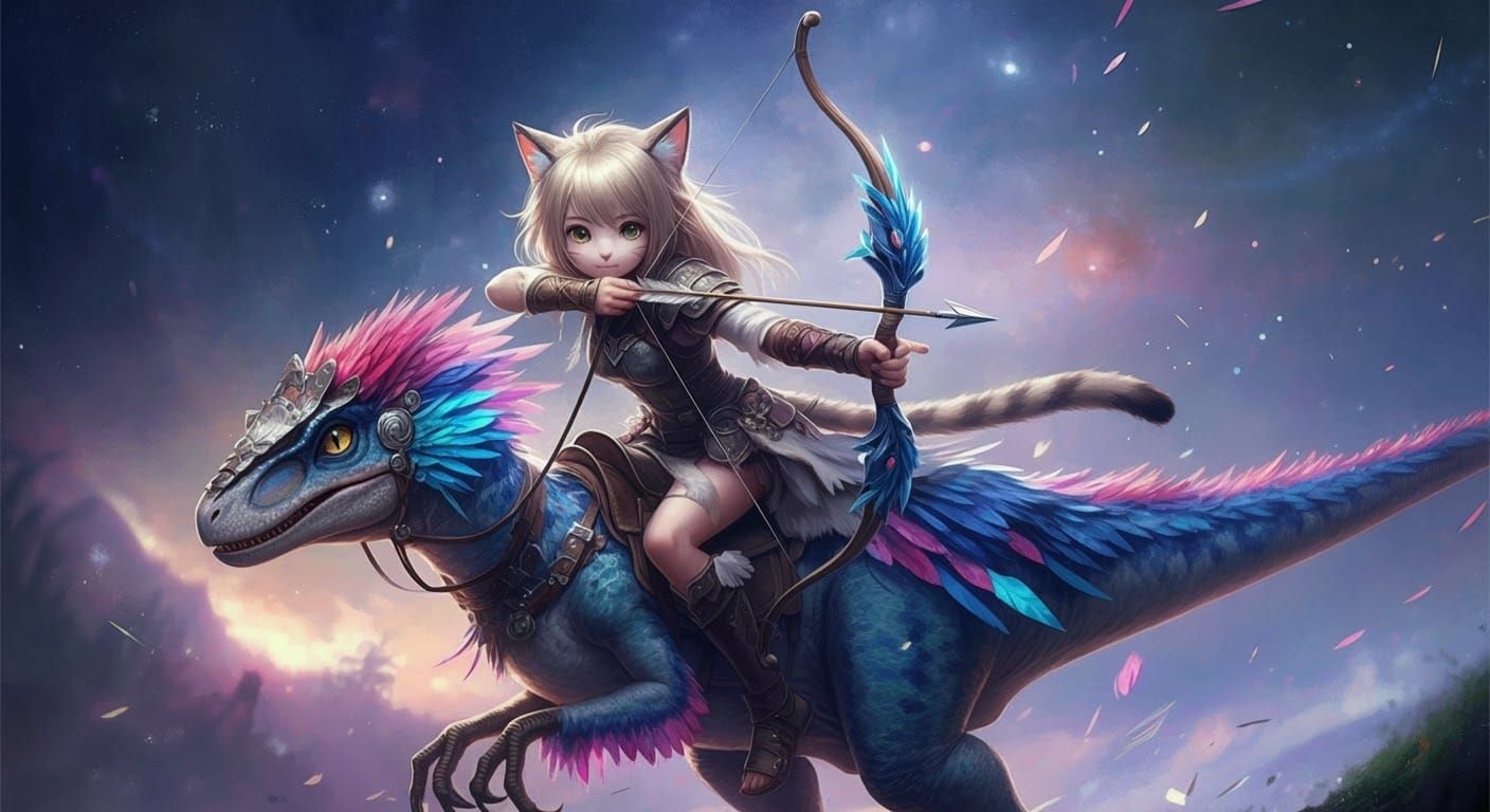 Anime Catgirl Archer on Armored Velociraptor