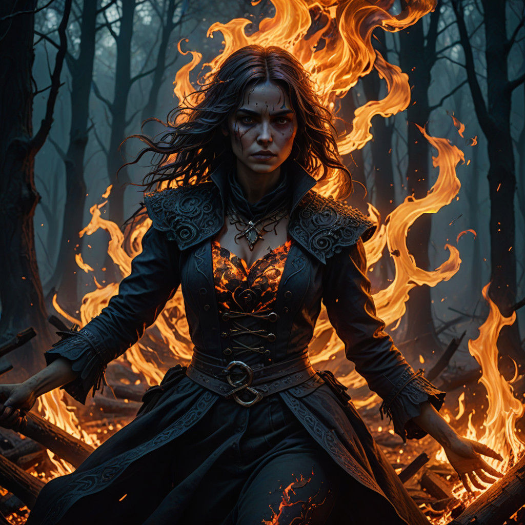 A Dark Fantasy Enchantress Emerge from Flaming Embers