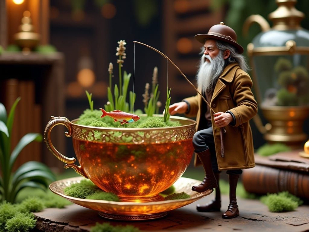 Miniature Fisherman Angling in Teacup Ecosystem