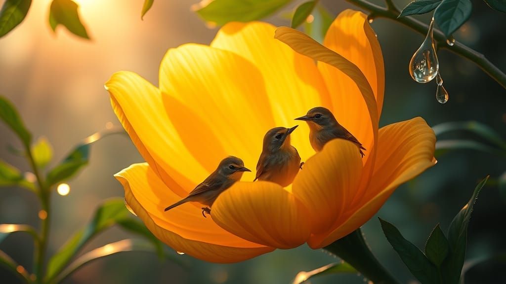 Magical Dawn Birds Find Sanctuary in Golden Blossom