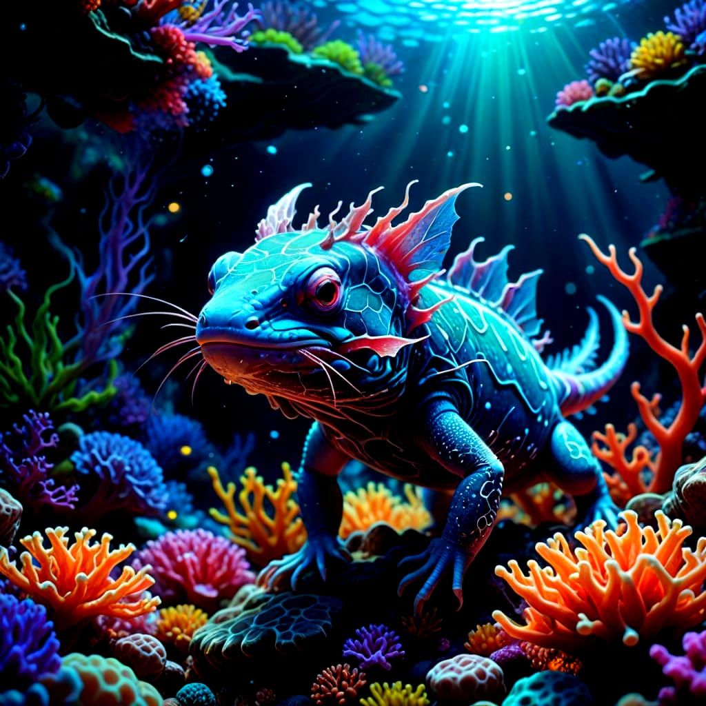 Axolotls in Vibrant Coral Reef Scene