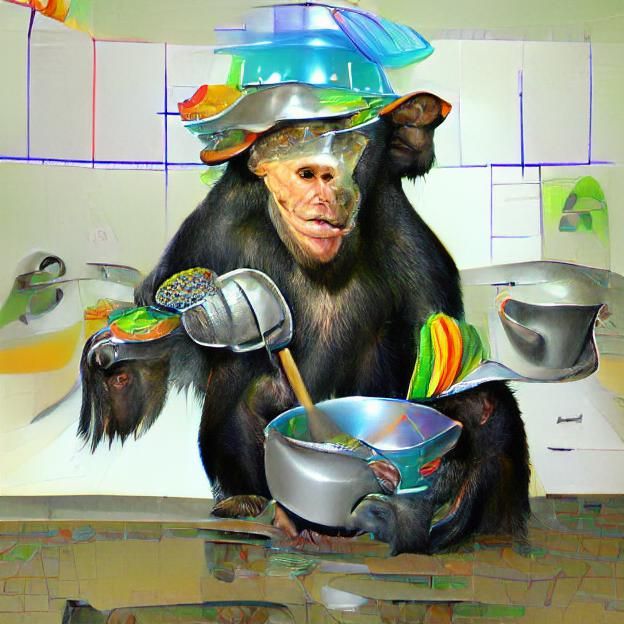 Chimpanzee Chef in Kitchen, Hyperrealistic Splash Art