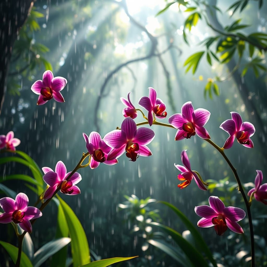 Vibrant Orchids Bloom in Misty Rainforest