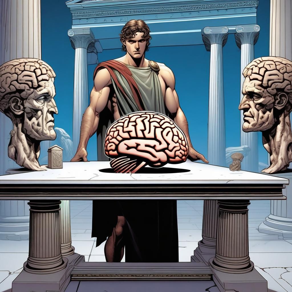 Ancient Greek Scholar with Brain Model, Comic Book Art