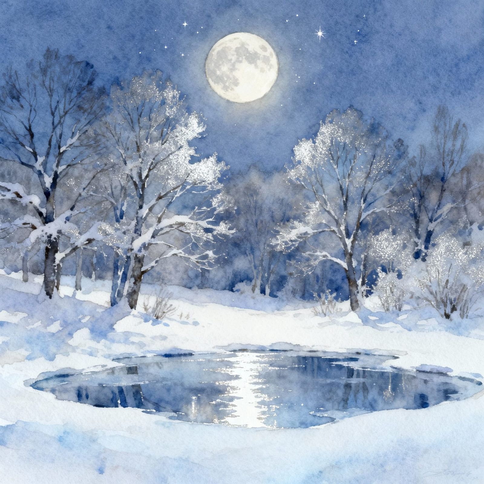 Watercolor Winter Moonscape